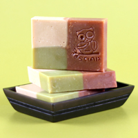 Apple Jack Peel handmade cold process soap stamped with a cute little owl.